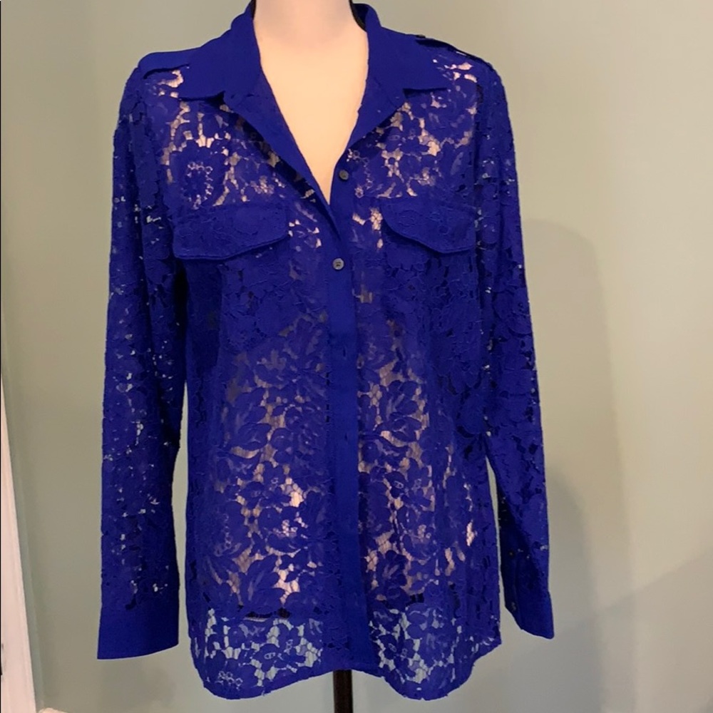 Blue Lace Blouse with Utility Detail